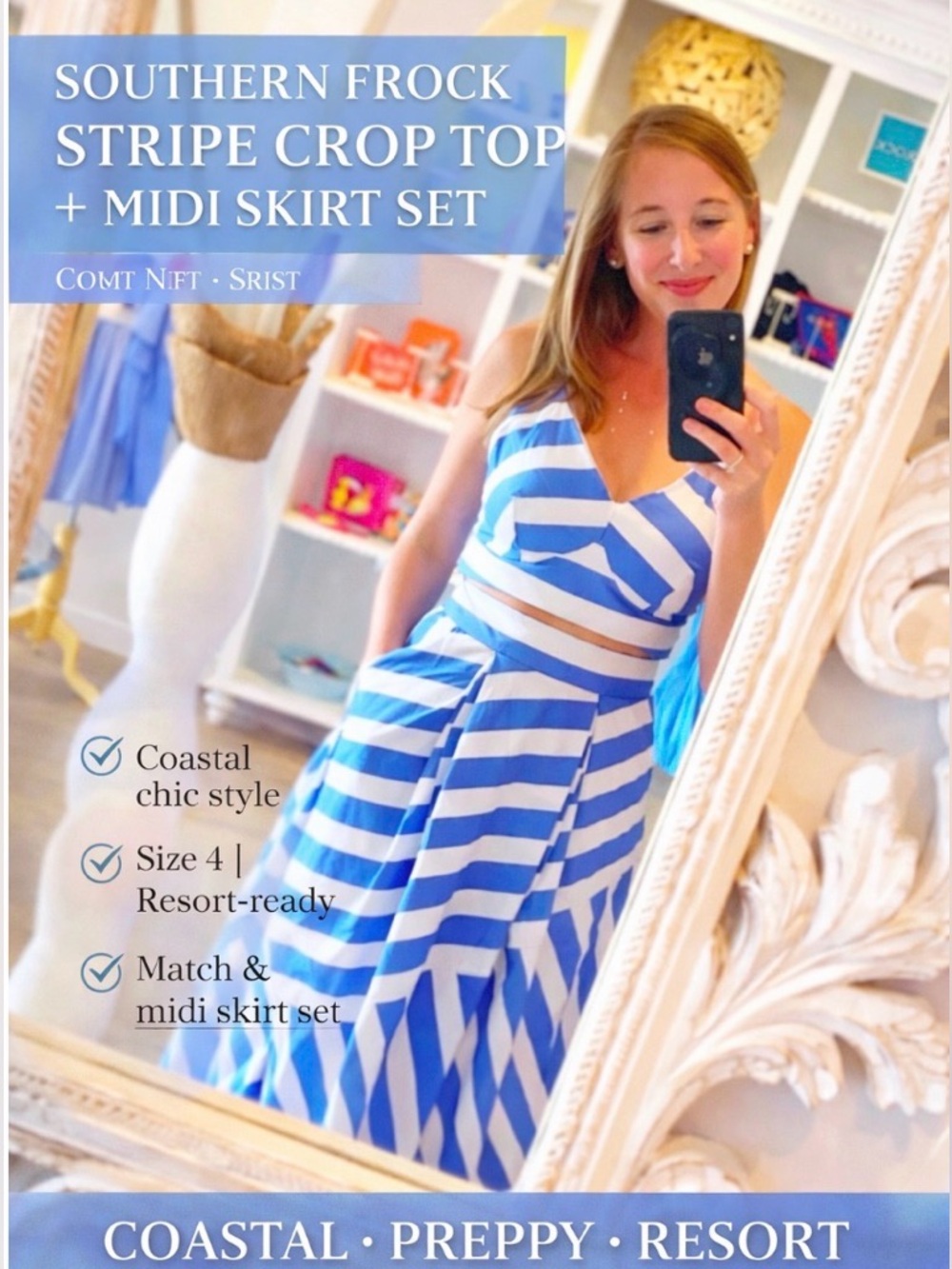 Southern Frock Blue & White Stripe Crop Top + Midi Skirt Set Coastal Chic Resort